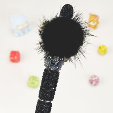 Butterfly With Pom Pom Black Rhinestone Pen Vintage - Image 3
