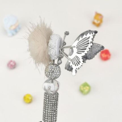Butterfly With Pom Pom Sliver Half Rhinestone Pen Vintage - Image 3