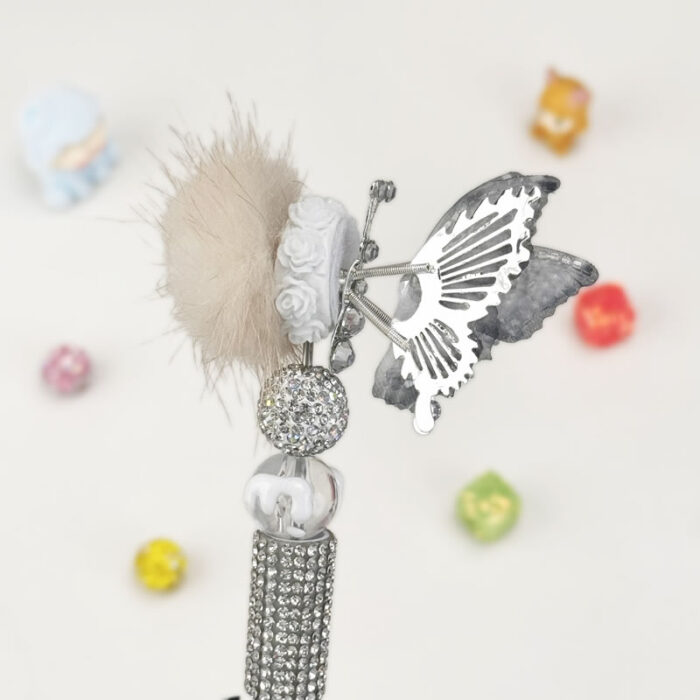 Butterfly With Pom Pom Sliver Half Rhinestone Pen Vintage - Image 3