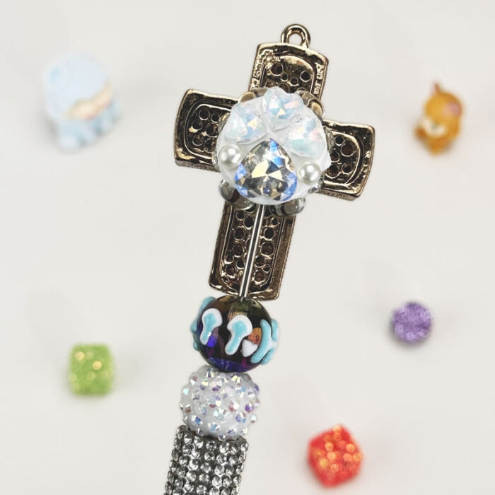Hollow Cross White Half Rhinestone Pen Vintage - Image 3