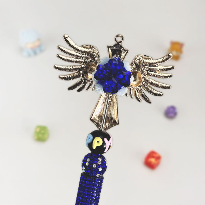 Winged Cross Blue Half Rhinestone Pen Vintage - Image 2