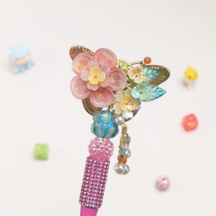 Butterfly Rose Pink Half Rhinestone Pen Vintage - Image 2