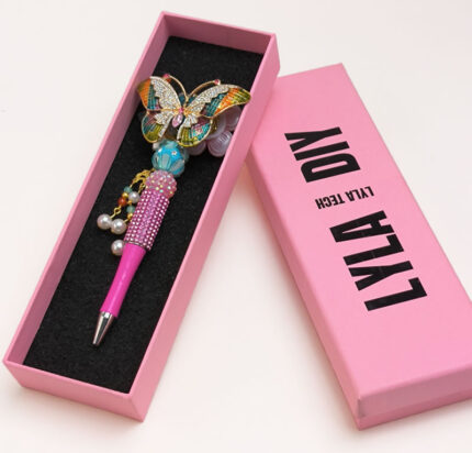 Butterfly Rose Pink Half Rhinestone Pen Vintage - Image 3