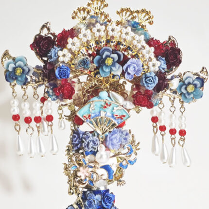 Red&Blue Onyx Chinesestyle Fan with Tassel Pen - Image 3