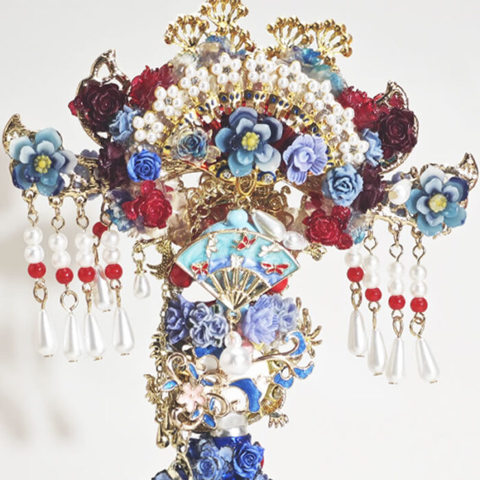 Red&Blue Onyx Chinesestyle Fan with Tassel Pen - Image 3