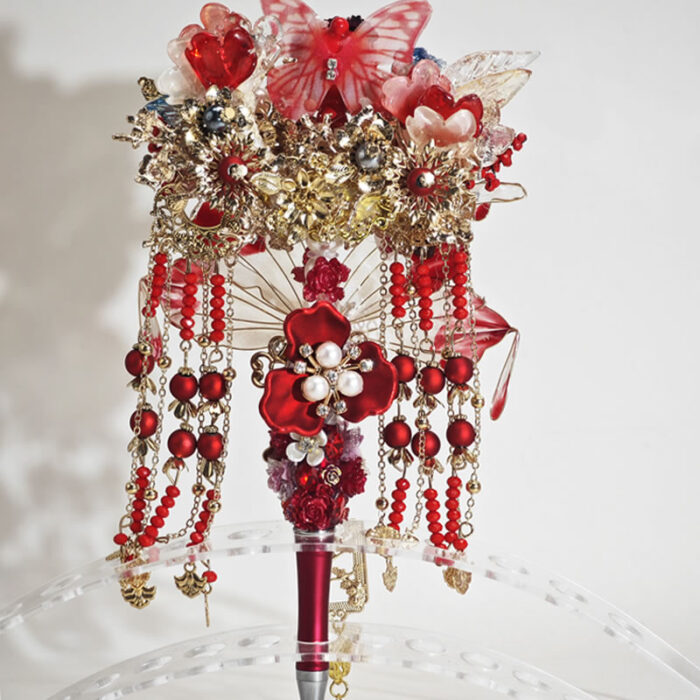 Red&Blue Onyx Style Cyan Chinesestyle Fan with Tassel Pen - Image 2