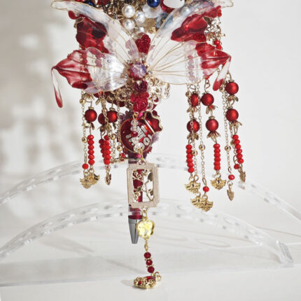 Red&Blue Onyx Style Cyan Chinesestyle Fan with Tassel Pen - Image 3