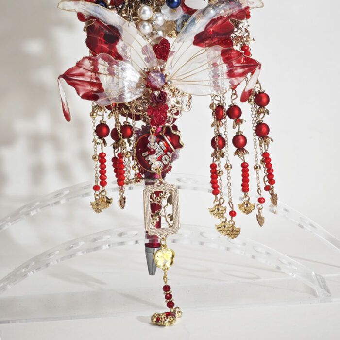 Red&Blue Onyx Style Cyan Chinesestyle Fan with Tassel Pen - Image 3